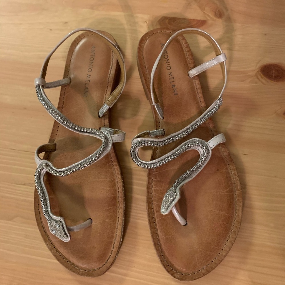 Antonio Melani silver beaded snake sandals, size 8